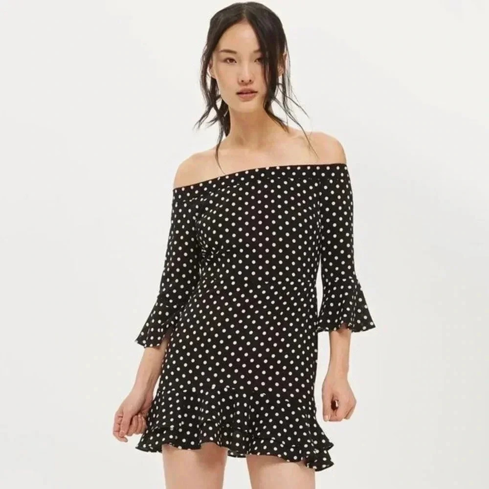 Topshop Black & White Polka Dot Off The Shoulder Ruffle Pinup Retro Dress Size 4